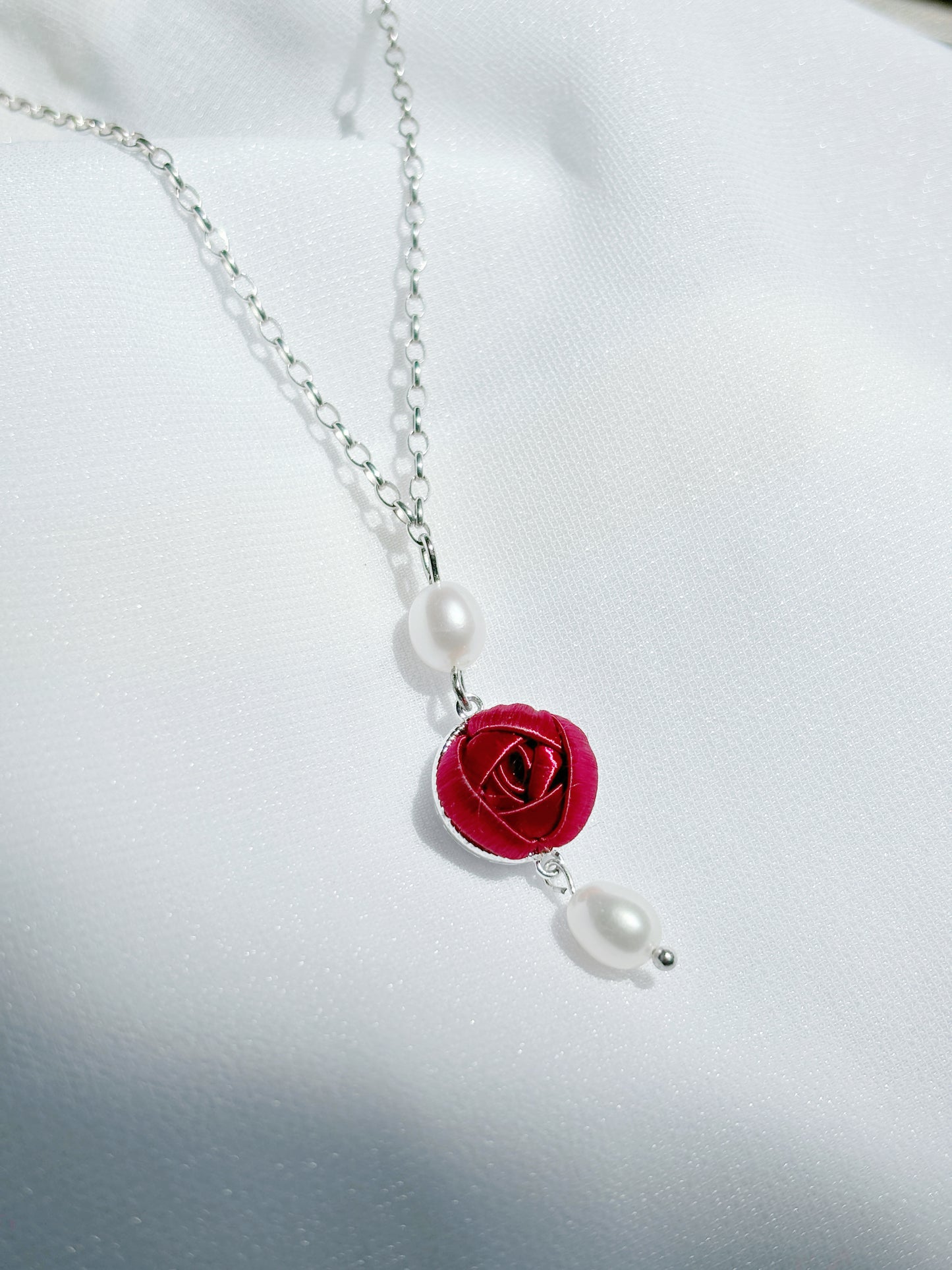 天然珍珠系列︰雙珍珠小玫瑰項鍊