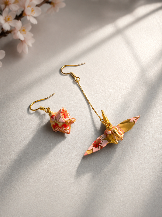 Kimono Origami  - Asymmetrical Earrings (Paper Crane + Star)
