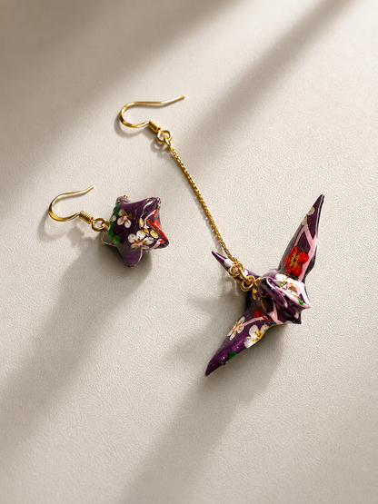 Kimono Origami  - Asymmetrical Earrings (Paper Crane + Star)