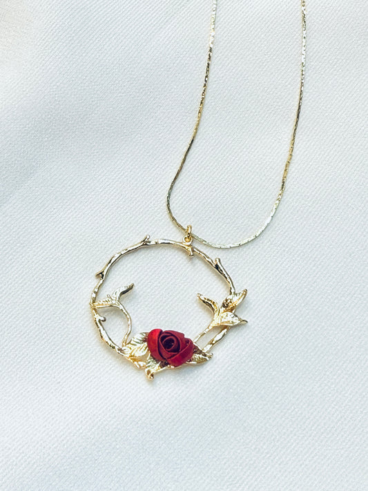 香檳金系列-暗紅迷你玫瑰-香檳金小花園項鍊