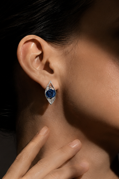 Starry Midnight : Midnight Blue MIni Rose-White Gold Leaves Earrings