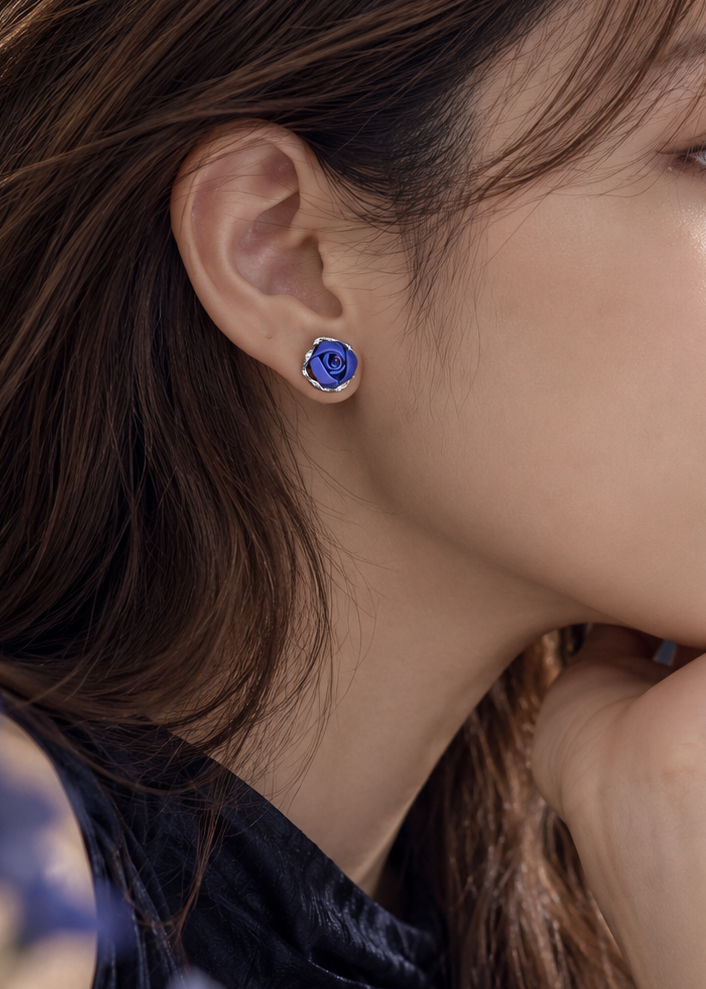 Classic Series: Single Mini Rose White Gold Earring - Cornflower Blue