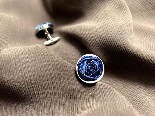 紳士系列︰藍紋大玫瑰袖扣 (白金)